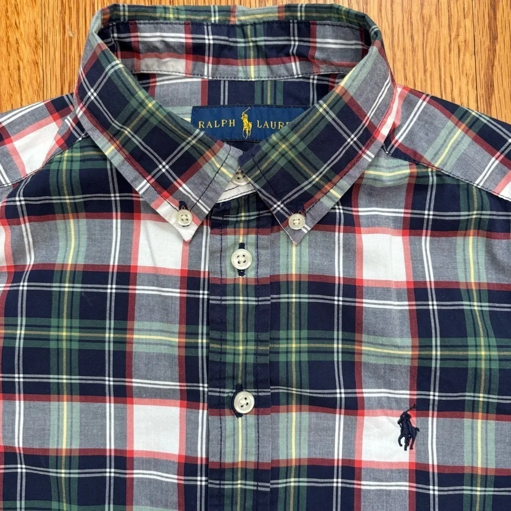 Ralph Lauren Boys Navy White Plaid Long Sleeve Button Down Classic Shirt M